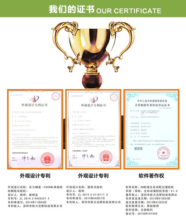 武藏點（diǎn）膠（jiāo）機專利（lì）證書（shū）